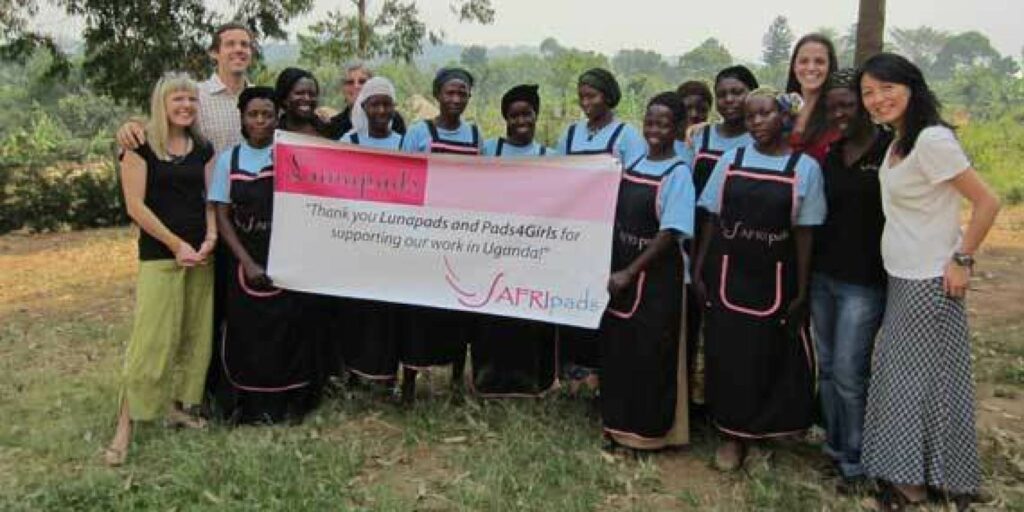 Natural Menstrual Care Pioneers Madeleine Shaw and Suzanne Siemens at AFRIpads Factory, Masaka, Uganda